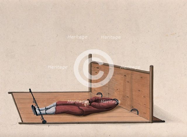 A Chinese man confined to a contraption similar to stocks which constrains the movement... Creator: Unknown.