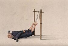 A Chinese man confined to a contraption which ties his legs on to a wooden gallows whilst... Creator: Unknown