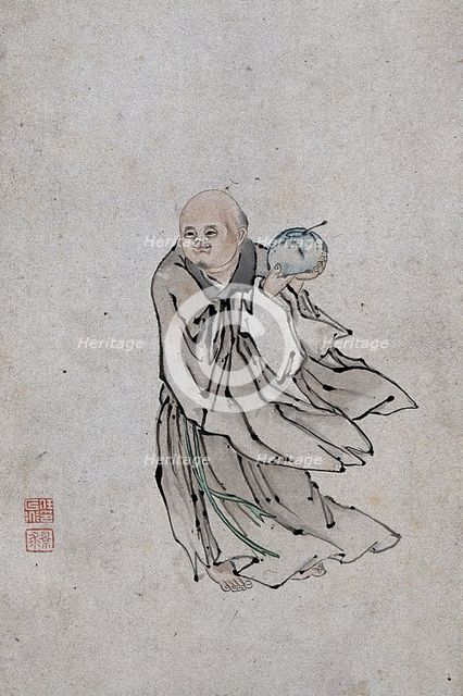 A Chinese man holding a bowl containing a spoon, (between 1800 and 1899?). Creator: Unknown.