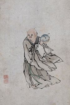A Chinese man holding a bowl containing a spoon, (between 1800 and 1899?). Creator: Unknown