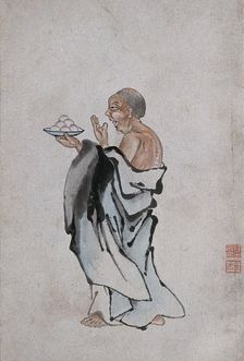 A Chinese man holding cakes on a tray, (between 1800 and 1899?). Creator: Unknown