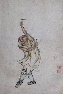 A Chinese man spinning plates on his index fingers, (between 1800 and 1899?). Creator: Unknown