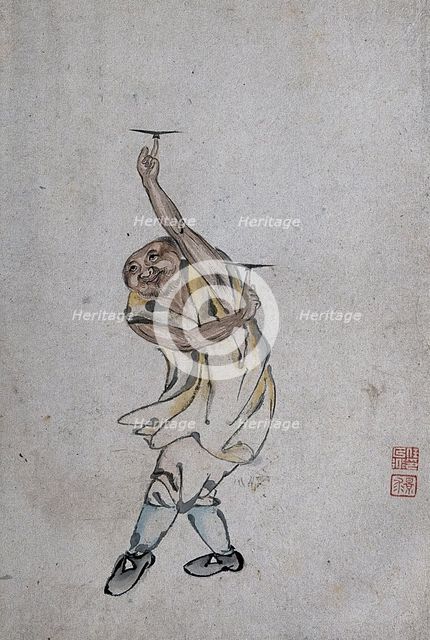 A Chinese man spinning plates on his index fingers, (between 1800 and 1899?). Creator: Unknown.
