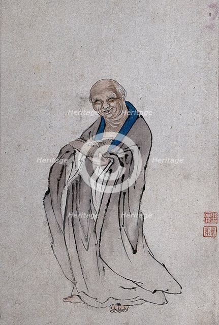 A Chinese man standing holding a long bowl with raised ends, (between 1800 and 1899?). Creator: Unknown.