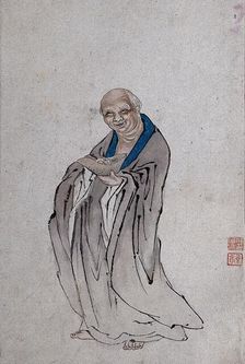 A Chinese man standing holding a long bowl with raised ends, (between 1800 and 1899?). Creator: Unknown
