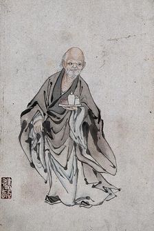 A Chinese man standing holding three vessels on a tray, (between 1800 and 1899?). Creator: Unknown
