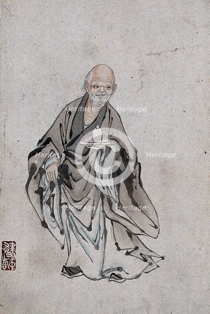 A Chinese man standing holding three vessels on a tray, (between 1800 and 1899?). Creator: Unknown.