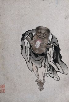 A Chinese man standing revealing a portrait of a man within his chest, (between 1800 and 1899?). Creator: Unknown