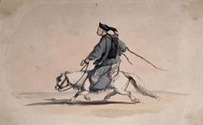 A Chinese soldier bearing weapons on his back, on horseback, 1857. Creator: Charles Wirgman