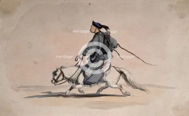 A Chinese soldier bearing weapons on his back, on horseback, 1857. Creator: Charles Wirgman.