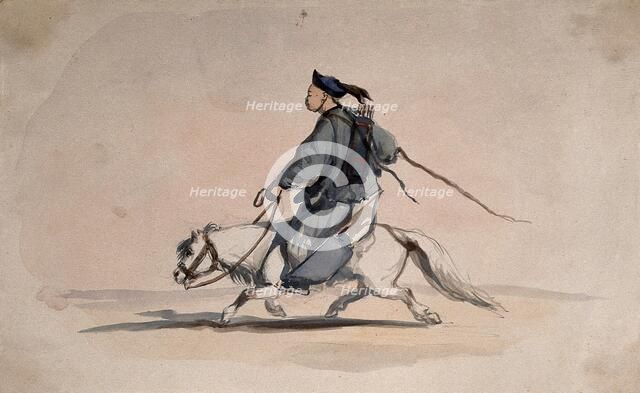 A Chinese soldier bearing weapons on his back, on horseback, 1857. Creator: Charles Wirgman.