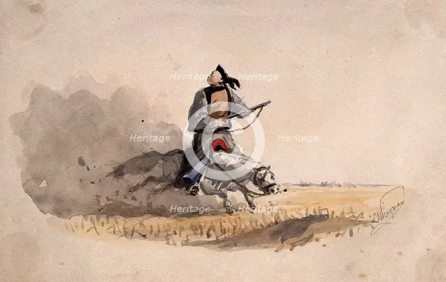 A Chinese soldier bearing a rifle, on horseback, 1857. Creator: Charles Wirgman.