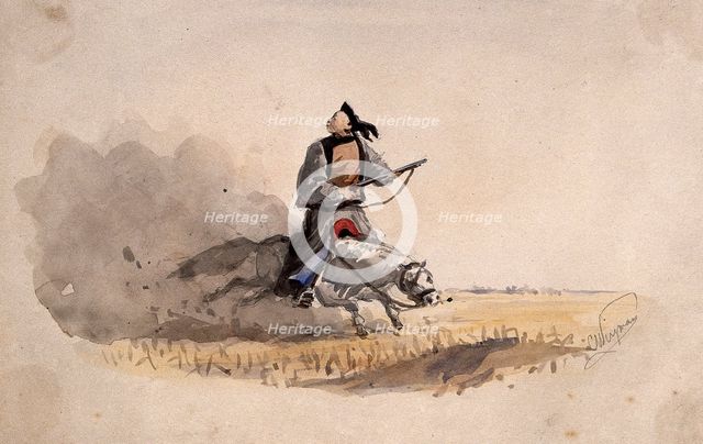 A Chinese soldier bearing a rifle, on horseback, 1857. Creator: Charles Wirgman.