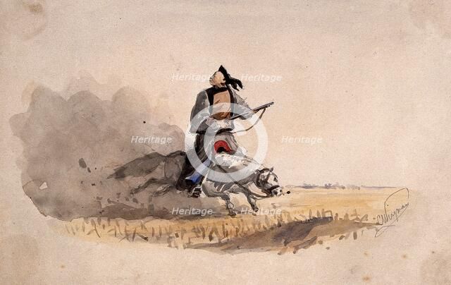 A Chinese soldier bearing a rifle, on horseback, 1857. Creator: Charles Wirgman.