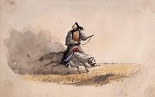 A Chinese soldier bearing a rifle, on horseback, 1857. Creator: Charles Wirgman