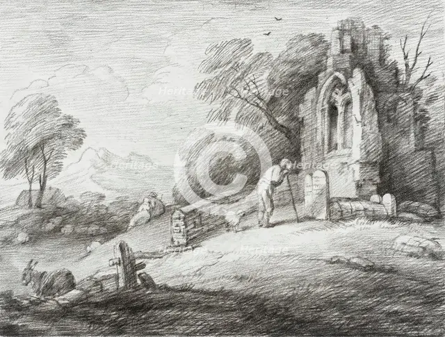 A Churchyard with Ruined Tower Among Trees on Rising Ground, 1780. Creator: Thomas Gainsborough.