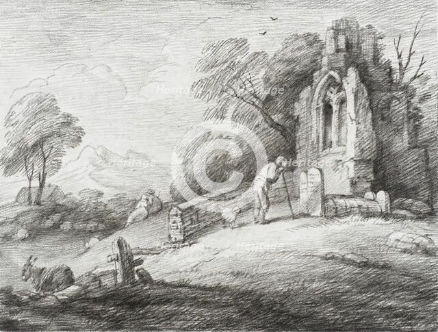 A Churchyard with Ruined Tower Among Trees on Rising Ground, 1780. Creator: Thomas Gainsborough.