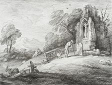A Churchyard with Ruined Tower Among Trees on Rising Ground, 1780. Creator: Thomas Gainsborough