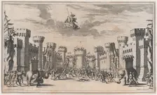 A city under siege with elephants and soldiers throughout; Mars looking down from above; s..., 1668. Creator: Mathäus Küsel