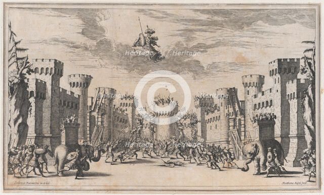 A city under siege with elephants and soldiers throughout; Mars looking down from above; s..., 1668. Creator: Mathäus Küsel.