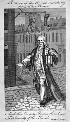 A citizen of the world searching for a wise prince 1771. Artist: Anon