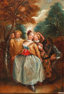 A Commedia dell'Arte scene with Columbina, Harlequin and Pierrot. Creator: Quillard, Pierre-Antoine (1701-1733)