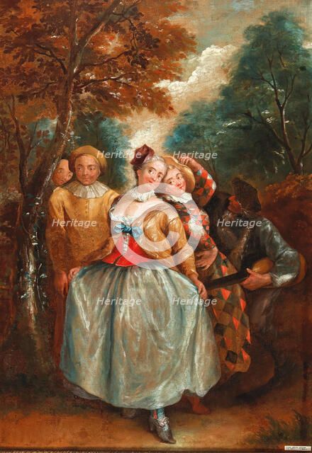 A Commedia dell'Arte scene with Columbina, Harlequin and Pierrot. Creator: Quillard, Pierre-Antoine (1701-1733).