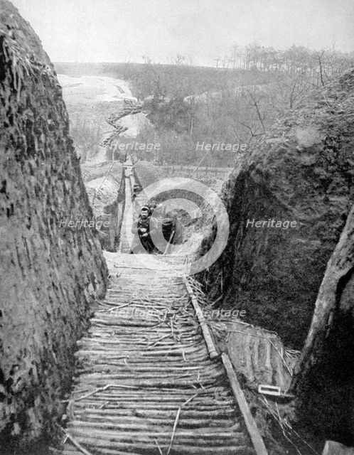 A communication trench and path towards the front, France, World War I, 1915. Artist: Unknown