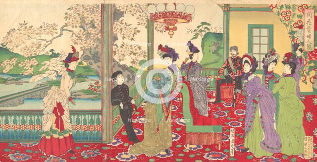 A Contest of Elegant Ladies among the Cherry Blossoms (Kaika kifujin kisoi), Sep..., September 1887. Creator: Chikanobu Yoshu.