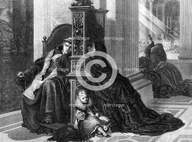 "A Confession", by R. Lehmann, in the exhibition of the Royal Academy, 1872. Creator: Unknown.