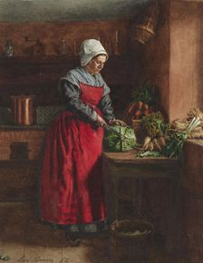 A Cook in a Red Apron in the Inn at Vaugirard, 1862. Creator: Leon Bonvin