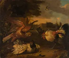 A Cock Defends a Hen from an Attacking Bird of Prey, c1680-1690. Creator: Melchior d'Hondecoeter