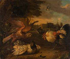 A Cock Defends a Hen from an Attacking Bird of Prey, c1680-1690. Creator: Melchior d'Hondecoeter