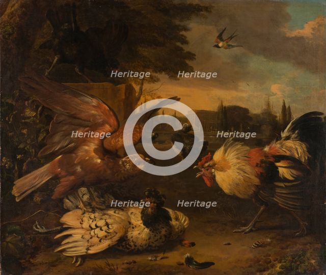 A Cock Defends a Hen from an Attacking Bird of Prey, c1680-1690. Creator: Melchior d'Hondecoeter.