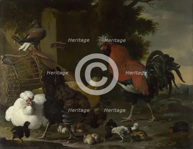 A Cock, Hens and Chicks, ca 1668-1670. Artist: Hondecoeter, Melchior de (1636-1695)