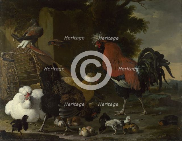 A Cock, Hens and Chicks, ca 1668-1670. Artist: Hondecoeter, Melchior de (1636-1695)
