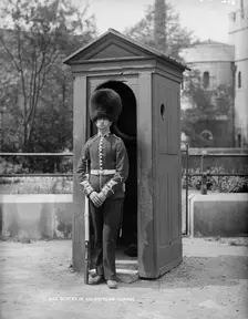 A Coldstream Guard at his sentry box, c1870-c1900. Artist: York & Son