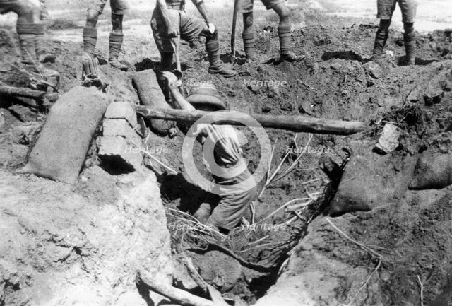 A collapsed British dugout, Mesopotamia, WWI, 1918. Artist: Unknown