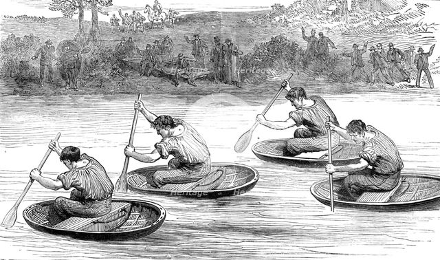 A coracle-race on the Severn, at Ironbridge, Shropshire, 1881. Creator: Unknown.