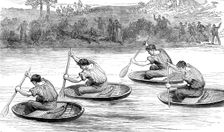A coracle-race on the Severn, at Ironbridge, Shropshire, 1881. Creator: Unknown