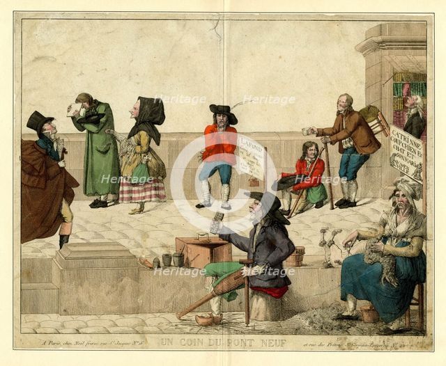 A corner of Pont Neuf, Paris, with lame beggars and street vendors, ca 1813. Creator: Anonymous.