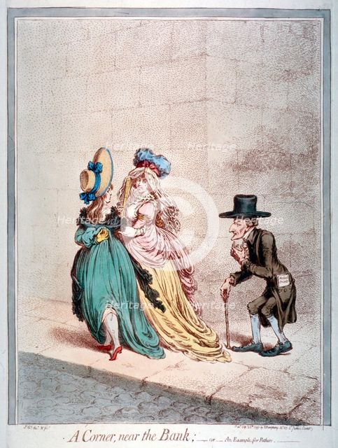 'A corner, near the Bank; - or - an example for fathers', 1797.                           Artist: James Gillray