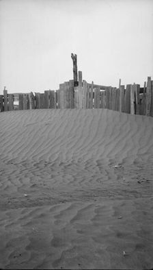 A corral practically buried by drifted dust, Mills, New Mexico., 1935. Creator: Dorothea Lange