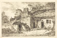 A Cottage with Two Men Seated at the Doorway, c. 1770. Creator: Nicolas Perignon