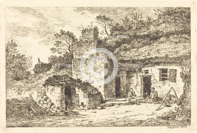 A Cottage with Two Men Seated at the Doorway, c. 1770. Creator: Nicolas Perignon.