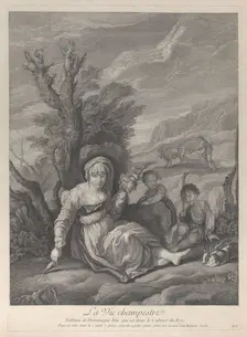 A country woman sitting in landscape with two boys at her side, 1729-40. Creator: Gérard Jean-Baptiste Scotin