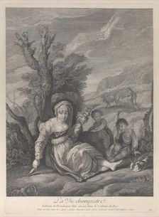 A country woman sitting in landscape with two boys at her side, 1729-40. Creator: Gérard Jean-Baptiste Scotin