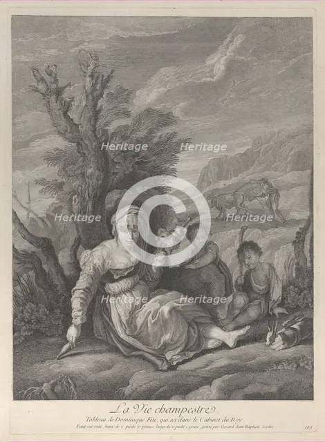 A country woman sitting in landscape with two boys at her side, 1729-40. Creator: Gérard Jean-Baptiste Scotin.