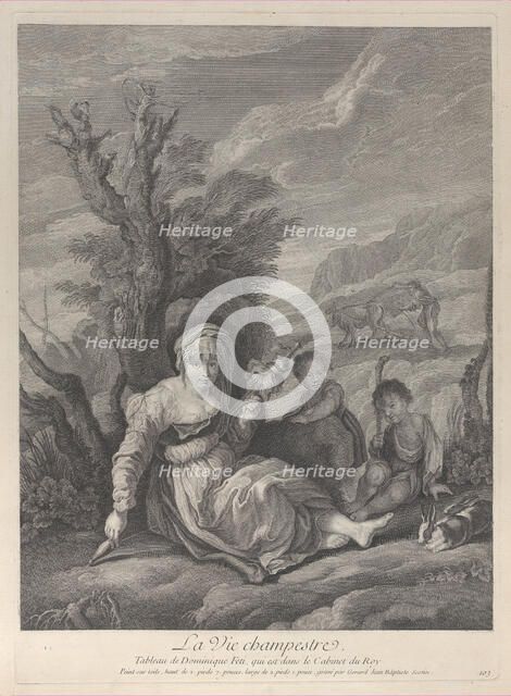 A country woman sitting in landscape with two boys at her side, 1729-40. Creator: Gérard Jean-Baptiste Scotin.
