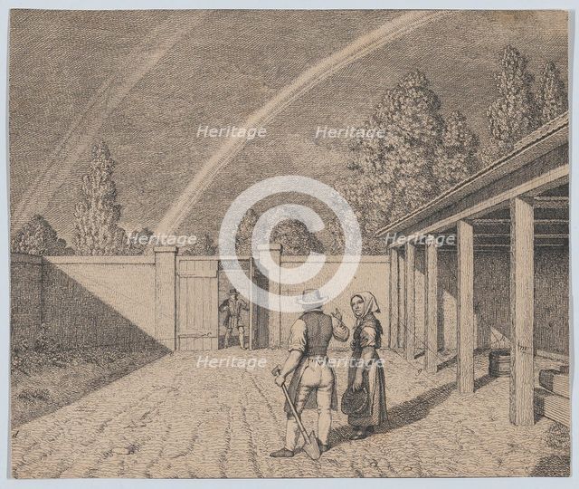 A couple conversing in a stable yard, with a double rainbow overhead, from 'Linear Perspec..., 1841. Creator: CW Eckersberg.